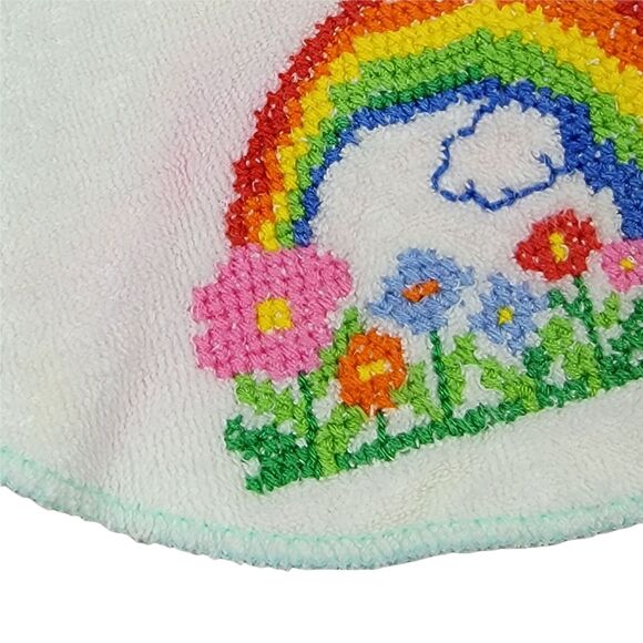 VTG 80s Cross Stitch Bib Rainbow Flowers‎ Terry Cloth White Multi Baby Infant - Picture 3 of 5